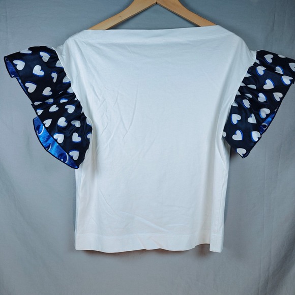 Claudie Pierlot White Boatneck Top Navy Heart Print Ruffle Cap Sleeve Size 1 - Picture 2 of 11